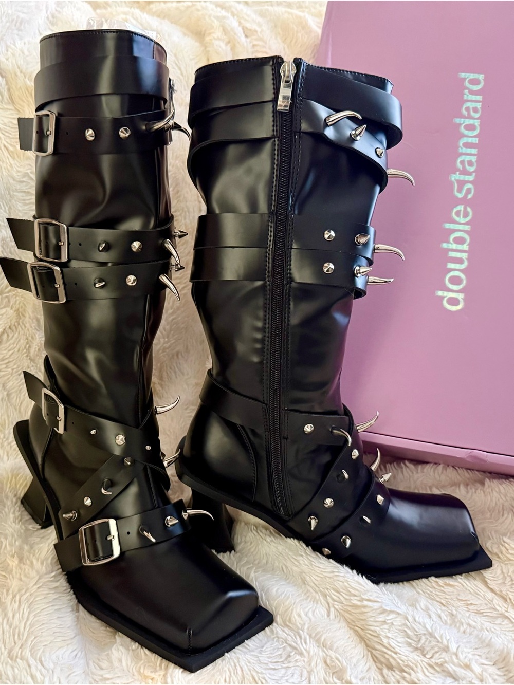 Double Standard Black Spike-Strap Knee Boots